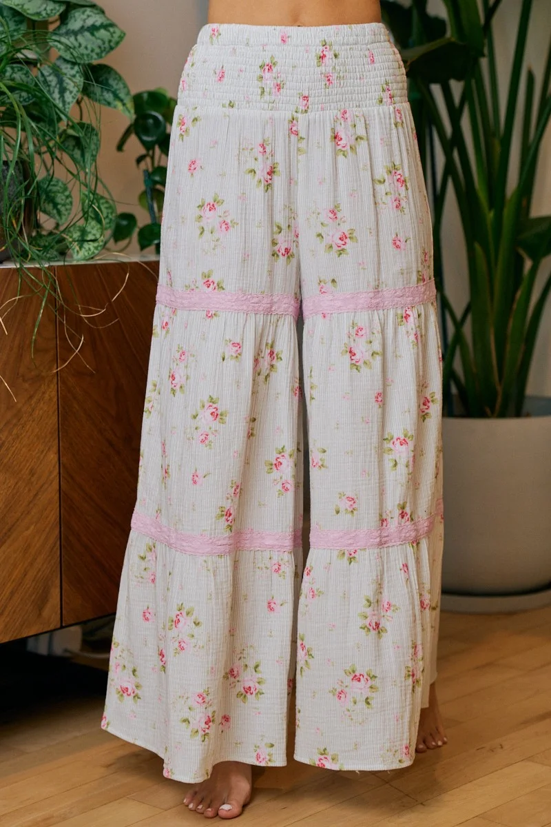 BiBi Rose Printed Gauze Trim Detail Smocked Maxi Pants - Image 6 | Lily's Pad Studio