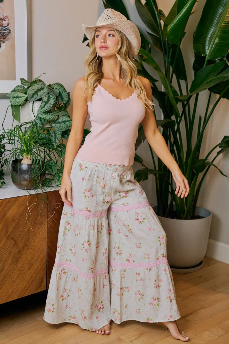 BiBi Rose Printed Gauze Trim Detail Smocked Maxi Pants - Image 8 | Lily's Pad Studio
