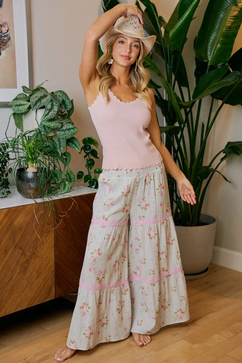 BiBi Rose Printed Gauze Trim Detail Smocked Maxi Pants - Image 9 | Lily's Pad Studio