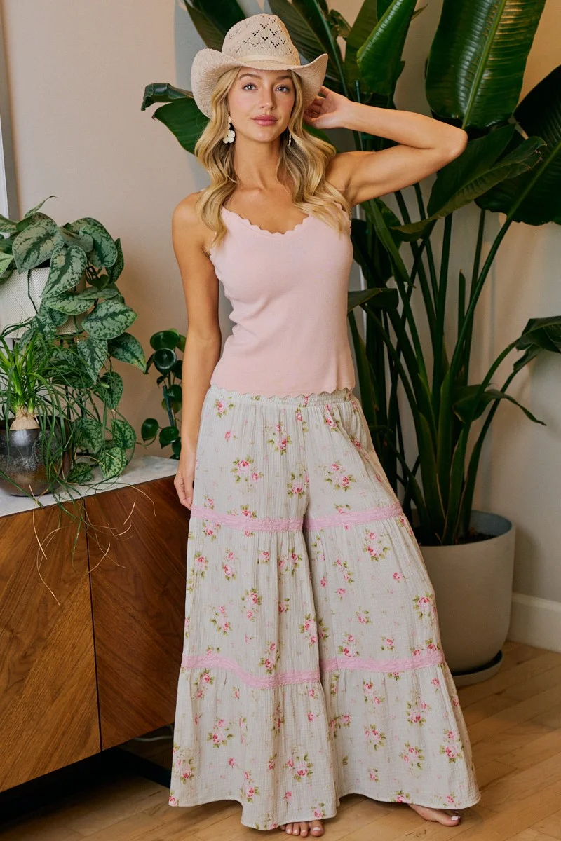 BiBi Rose Printed Gauze Trim Detail Smocked Maxi Pants - Image 10 | Lily's Pad Studio