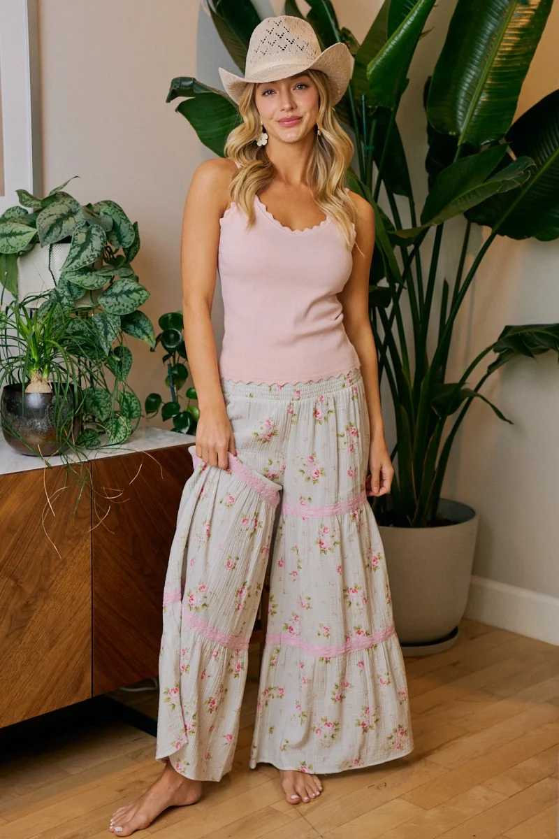 BiBi Rose Printed Gauze Trim Detail Smocked Maxi Pants - Image 11 | Lily's Pad Studio