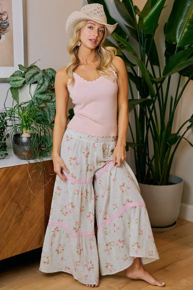 BiBi Rose Printed Gauze Trim Detail Smocked Maxi Pants - Image 12 | Lily's Pad Studio