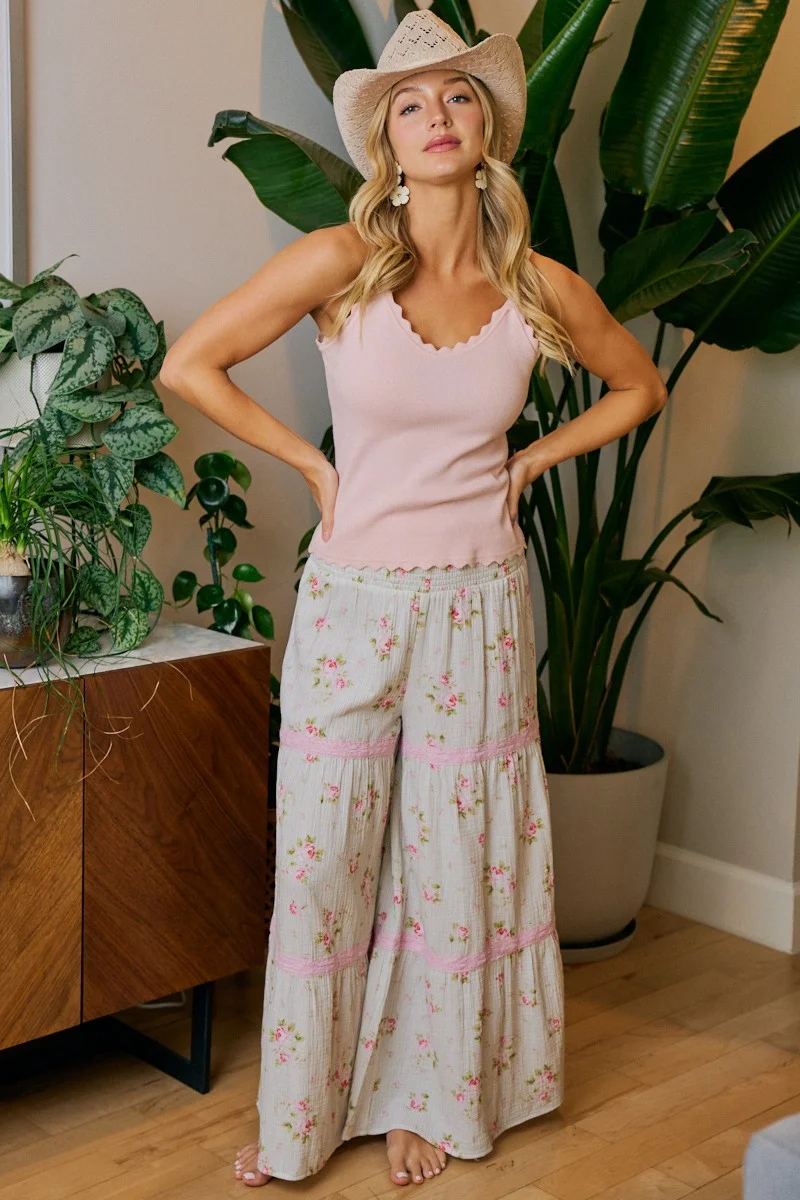 BiBi Rose Printed Gauze Trim Detail Smocked Maxi Pants - Image 13 | Lily's Pad Studio