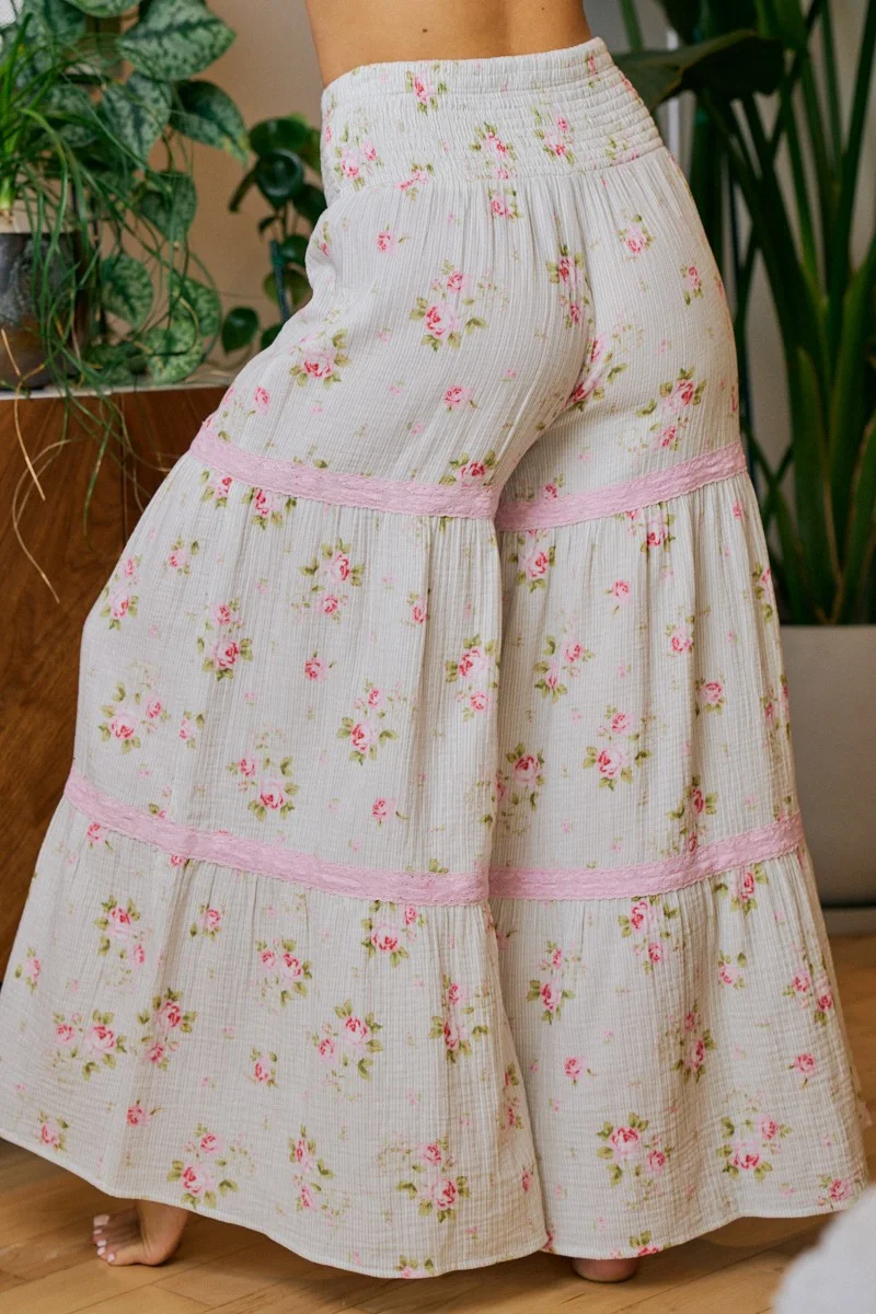 BiBi Rose Printed Gauze Trim Detail Smocked Maxi Pants - Image 17 | Lily's Pad Studio