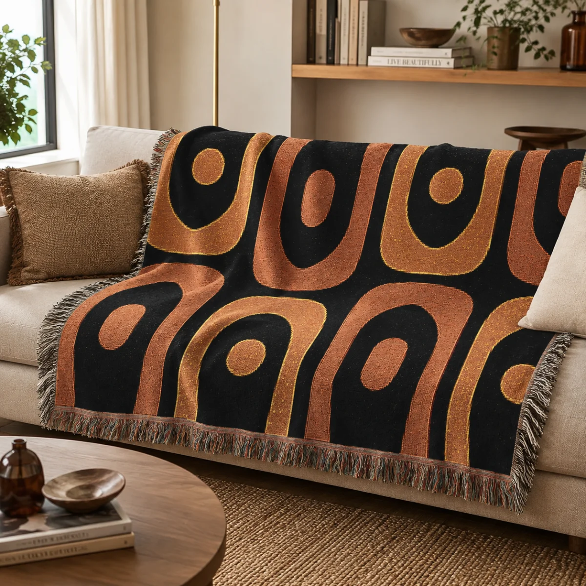 Bohemian Woven Blanket, Cozy Throw, Vintage Home Decor, Retro Wall Art, Gift for Home Lover, Modern Picnic Blanket | Lily's Pad Studio