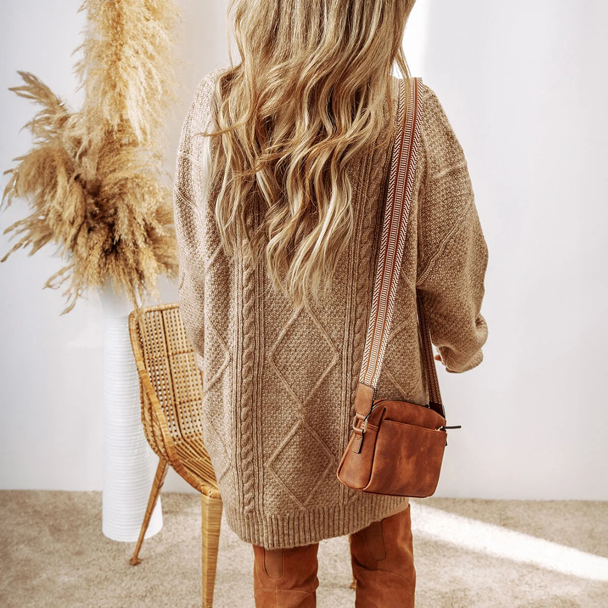 Cable Knit Drop Shoulder Loose Fit Sweater Dress - Image 2 | Lily's Pad Studio