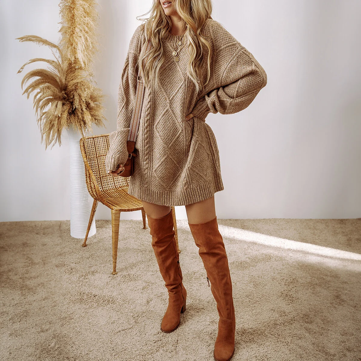 Cable Knit Drop Shoulder Loose Fit Sweater Dress - Image 6 | Lily's Pad Studio