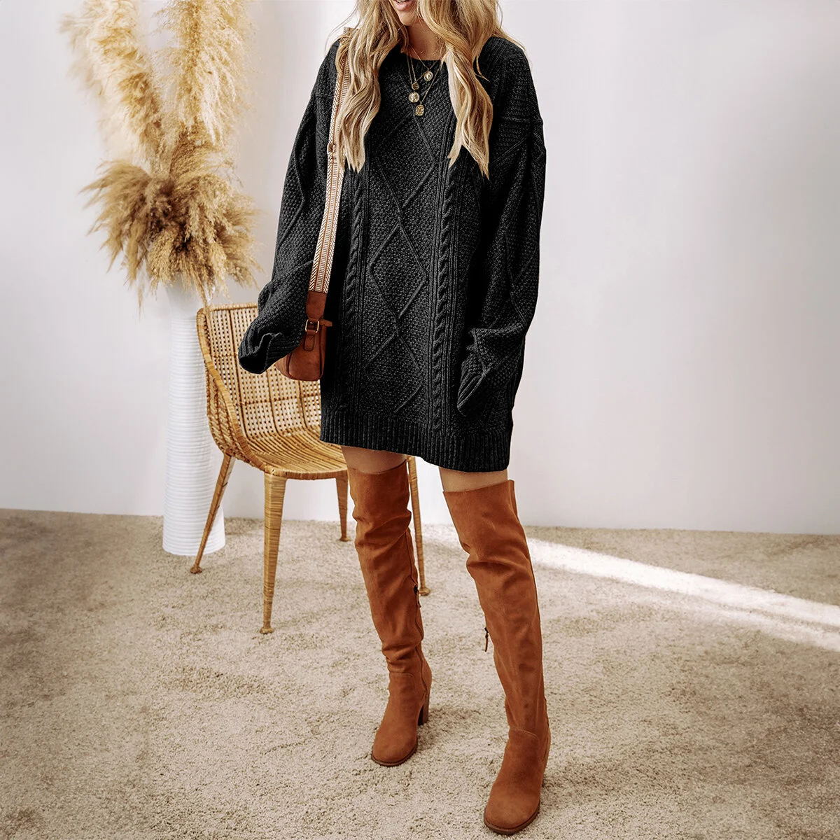 Cable Knit Drop Shoulder Loose Fit Sweater Dress - Image 12 | Lily's Pad Studio