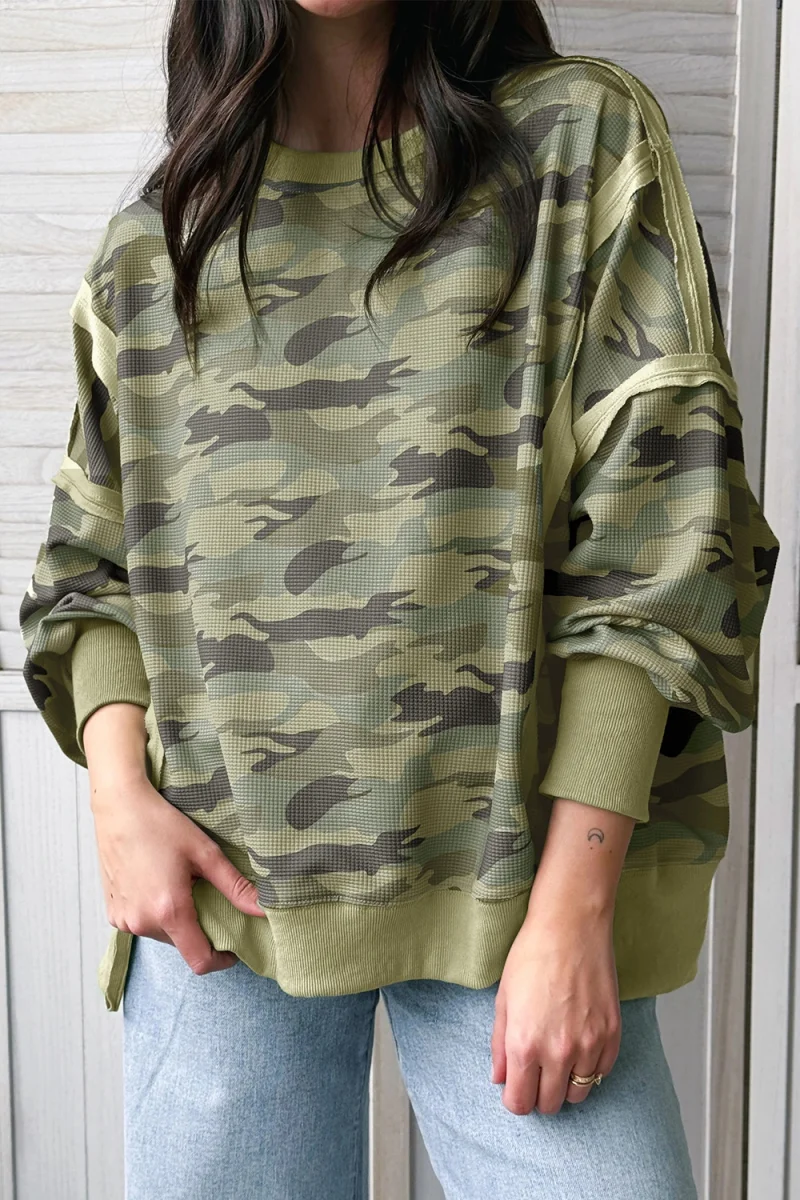 Camouflage Waffle Knit Raw Edge Contrast Trim Oversized Long Sleeve Top - Image 1 | Lily's Pad Studio