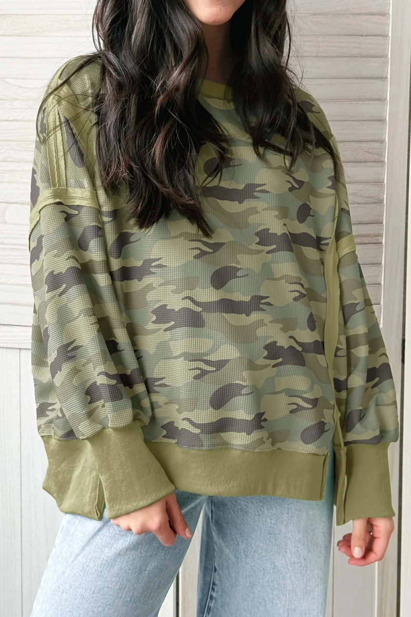 Camouflage Waffle Knit Raw Edge Contrast Trim Oversized Long Sleeve Top - Image 2 | Lily's Pad Studio