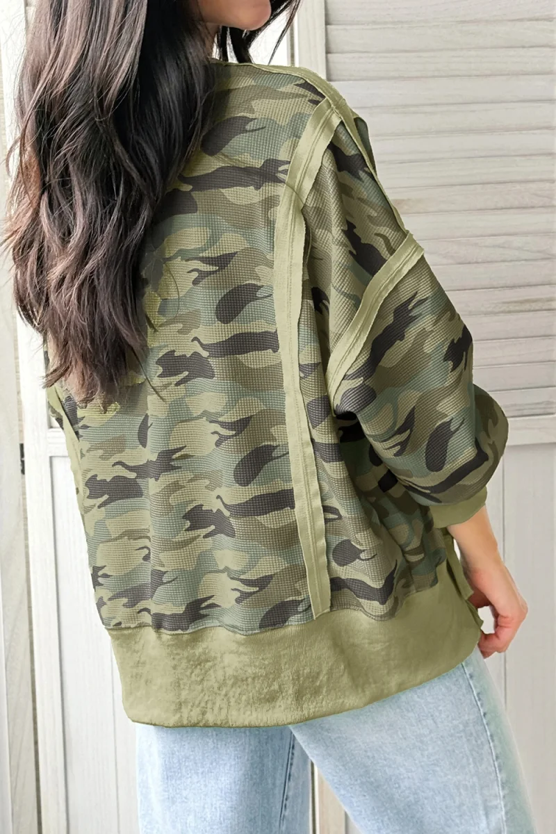 Camouflage Waffle Knit Raw Edge Contrast Trim Oversized Long Sleeve Top - Image 3 | Lily's Pad Studio