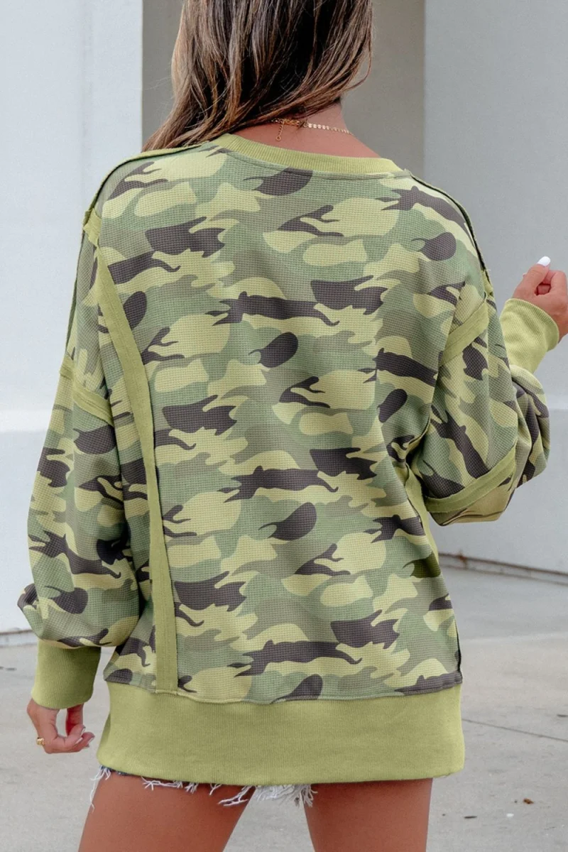 Camouflage Waffle Knit Raw Edge Contrast Trim Oversized Long Sleeve Top - Image 5 | Lily's Pad Studio