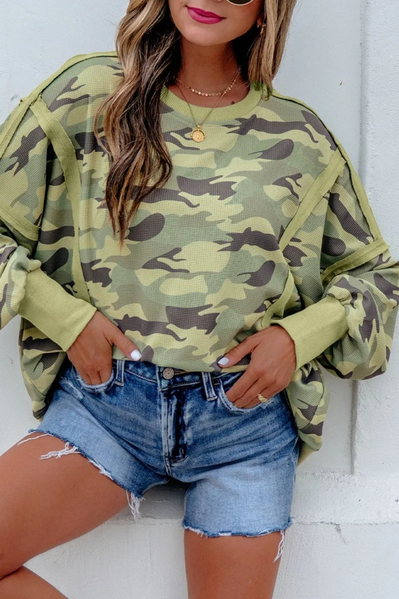 Camouflage Waffle Knit Raw Edge Contrast Trim Oversized Long Sleeve Top - Image 6 | Lily's Pad Studio