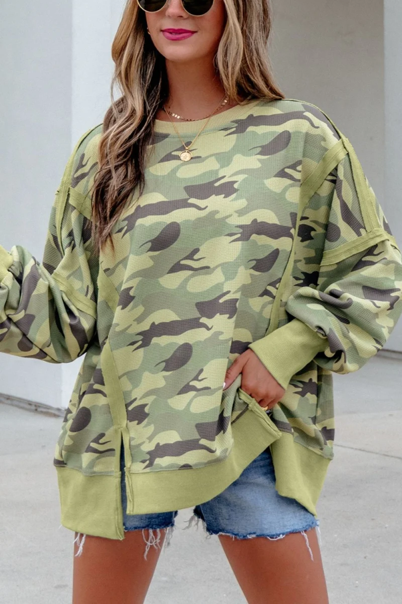 Camouflage Waffle Knit Raw Edge Contrast Trim Oversized Long Sleeve Top - Image 7 | Lily's Pad Studio