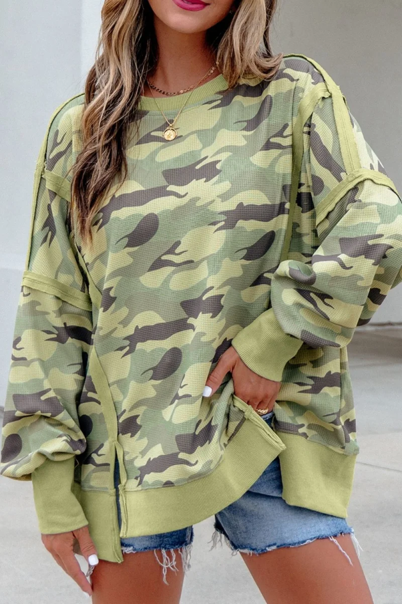 Camouflage Waffle Knit Raw Edge Contrast Trim Oversized Long Sleeve Top - Image 9 | Lily's Pad Studio