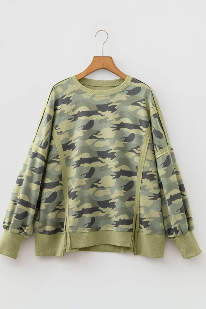 Camouflage Waffle Knit Raw Edge Contrast Trim Oversized Long Sleeve Top - Image 10 | Lily's Pad Studio