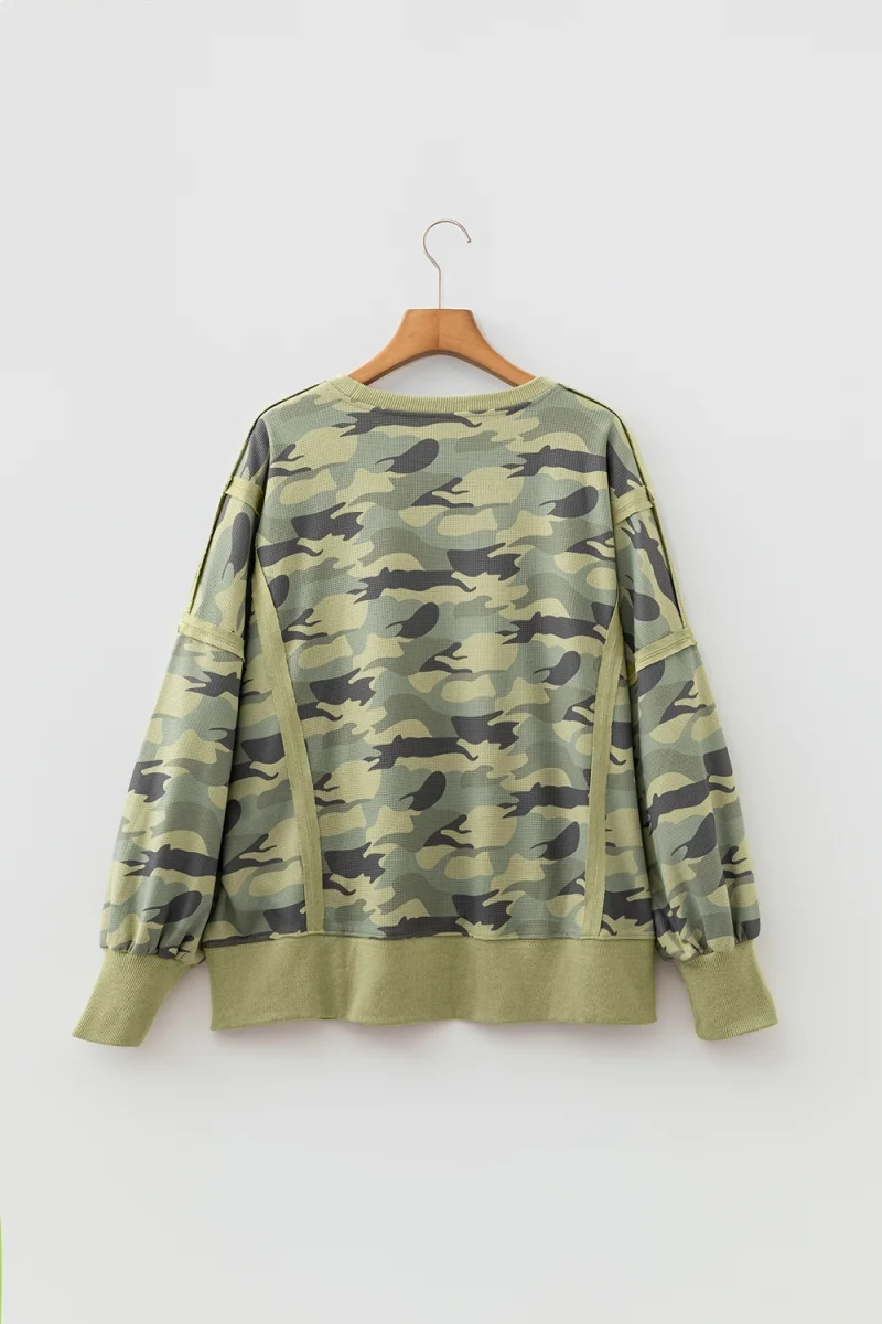 Camouflage Waffle Knit Raw Edge Contrast Trim Oversized Long Sleeve Top - Image 11 | Lily's Pad Studio