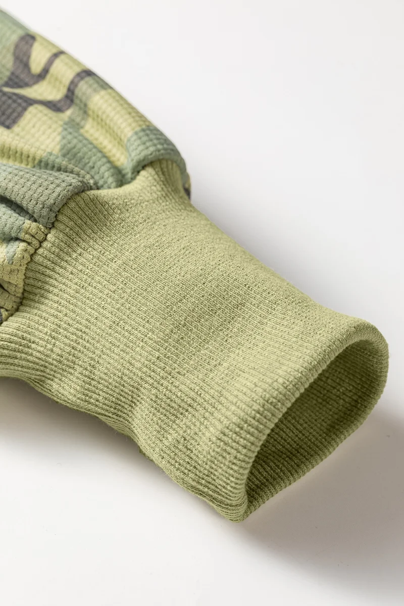 Camouflage Waffle Knit Raw Edge Contrast Trim Oversized Long Sleeve Top - Image 15 | Lily's Pad Studio
