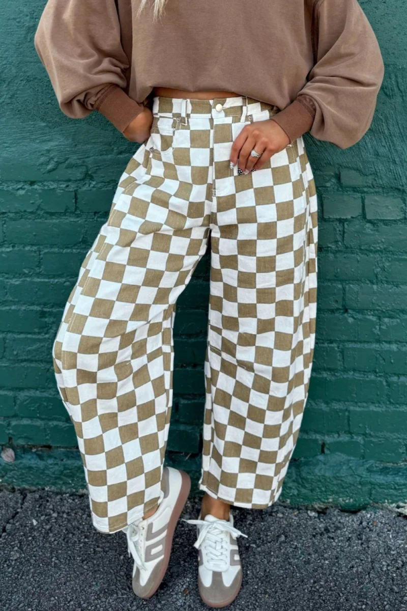 Checkered Print Denim Barrel Pants - Lady's Bottoms | Lily's Pad Studio