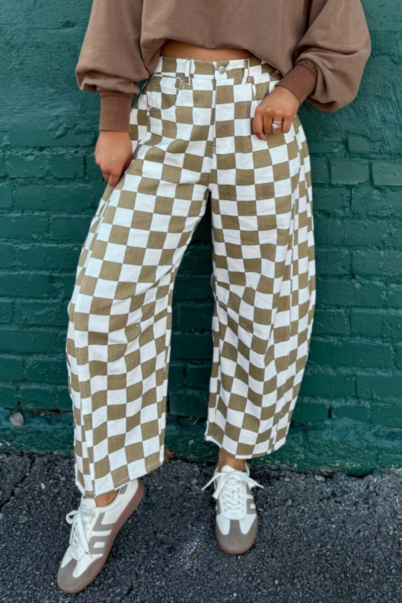 Checkered Print Denim Barrel Pants - Image 2 | Lily's Pad Studio
