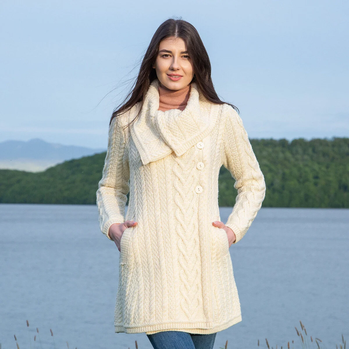 Classic Irish Merino Wool Cable Knit Coat – Made in Ireland - Image 5 | Lily's Pad Studio