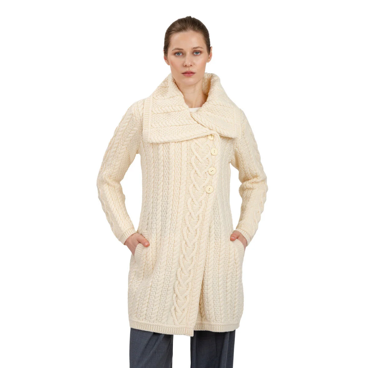 Classic Irish Merino Wool Cable Knit Coat – Made in Ireland - Image 7 | Lily's Pad Studio