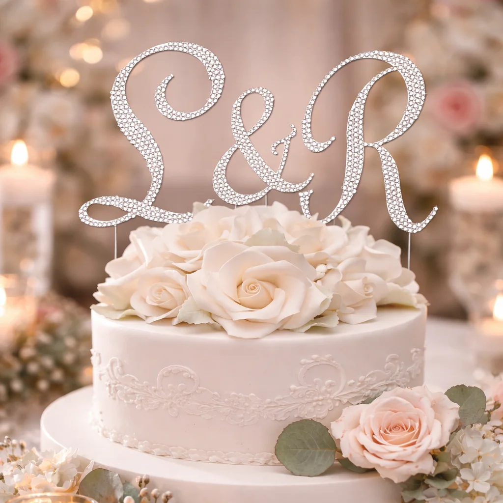 Completely Covered Swarovski Crystal Initials Wedding Cake Topper Set – Custom Monogram Wedding Decor - Cake Toppers | Lily's Pad Studio