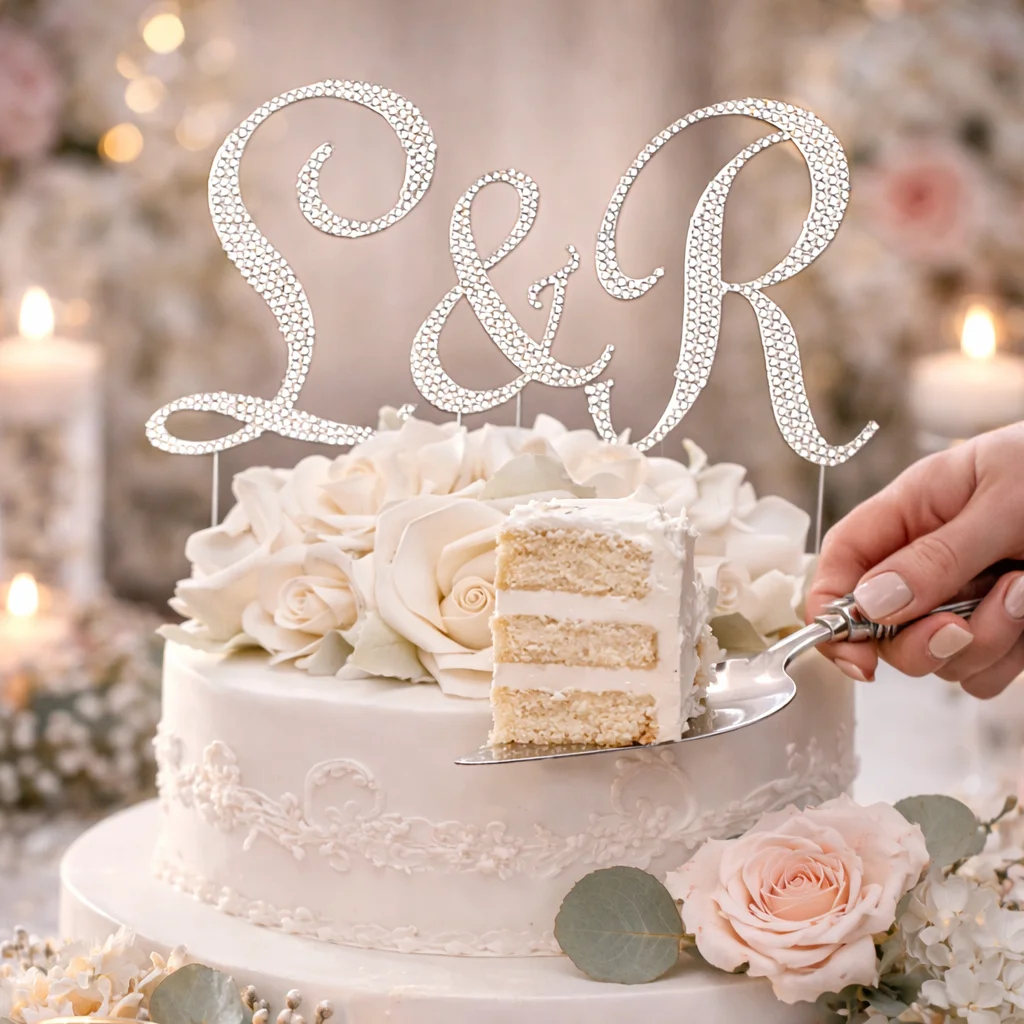 Completely Covered Swarovski Crystal Initials Wedding Cake Topper Set – Custom Monogram Wedding Decor - Image 2 | Lily's Pad Studio