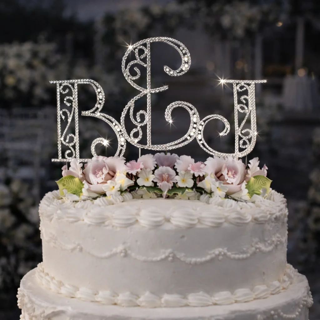 Crystal Roman Monogram Ampersand Wedding Cake Topper – Custom Initials Wedding Decor - Image 3 | Lily's Pad Studio