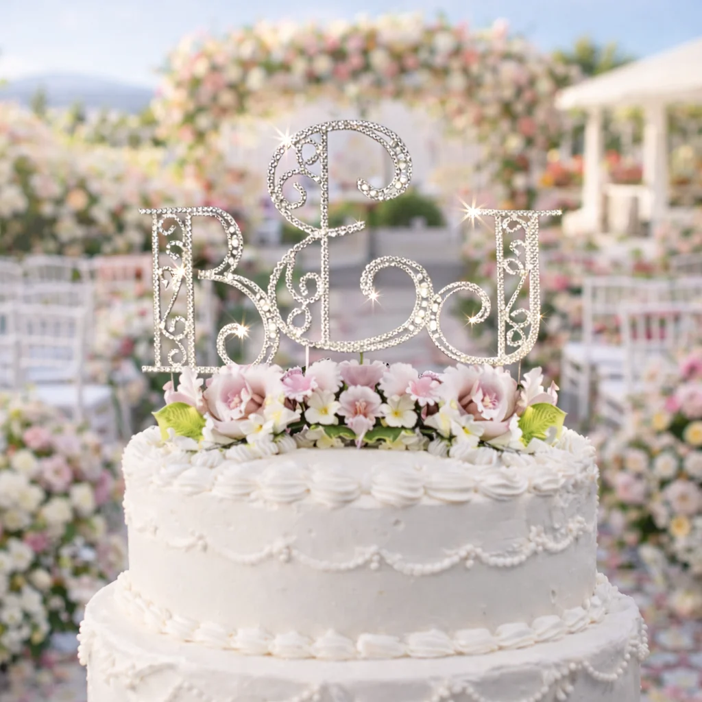 Crystal Roman Monogram Ampersand Wedding Cake Topper – Custom Initials Wedding Decor - Image 2 | Lily's Pad Studio