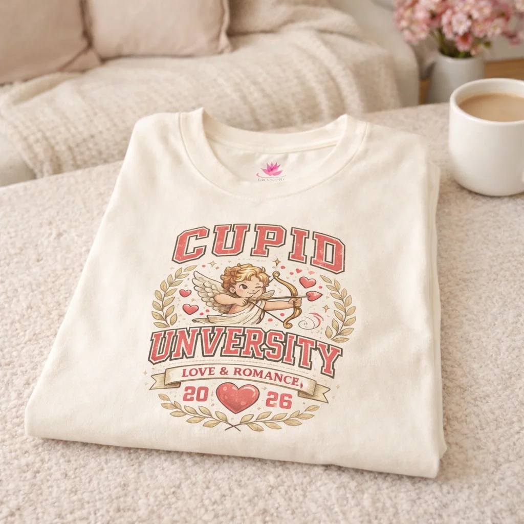 Cupid University Vintage Cherub Heart T-Shirt – Retro Valentine Graphic Tee - Image 3 | Lily's Pad Studio