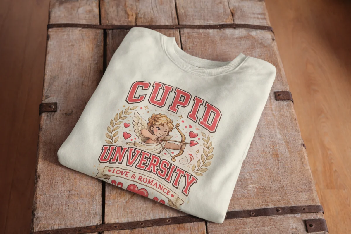 Cupid University Vintage Cherub Heart T-Shirt – Retro Valentine Graphic Tee - Image 2 | Lily's Pad Studio
