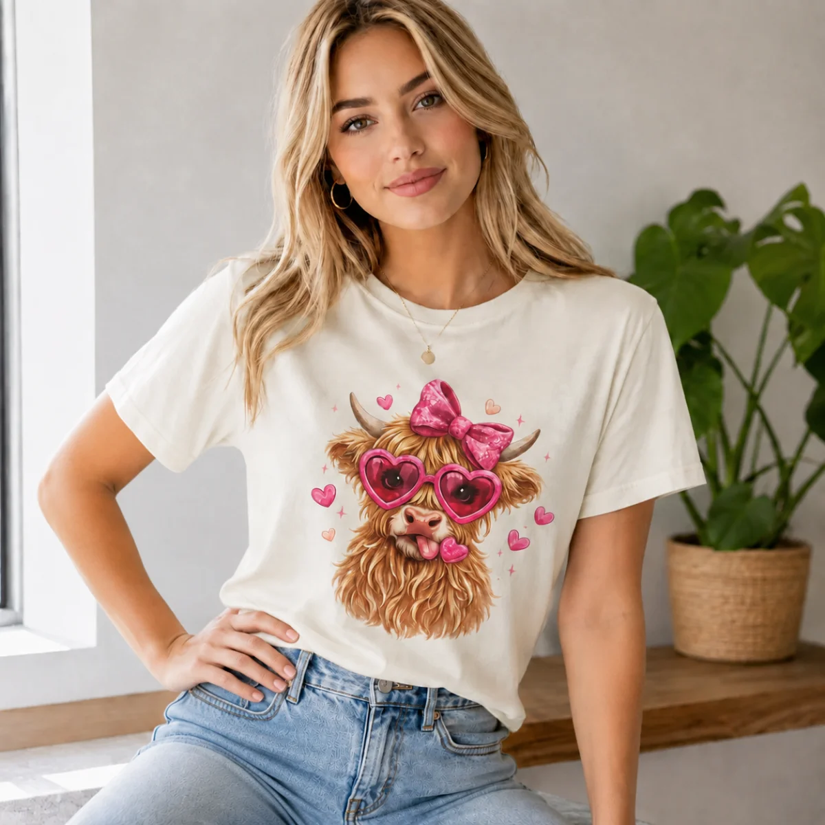 Cute Heart Sunglasses Highland Cow Tee | Pink Bow, Valentines Cute Animal Shirt - T-Shirts | Lily's Pad Studio