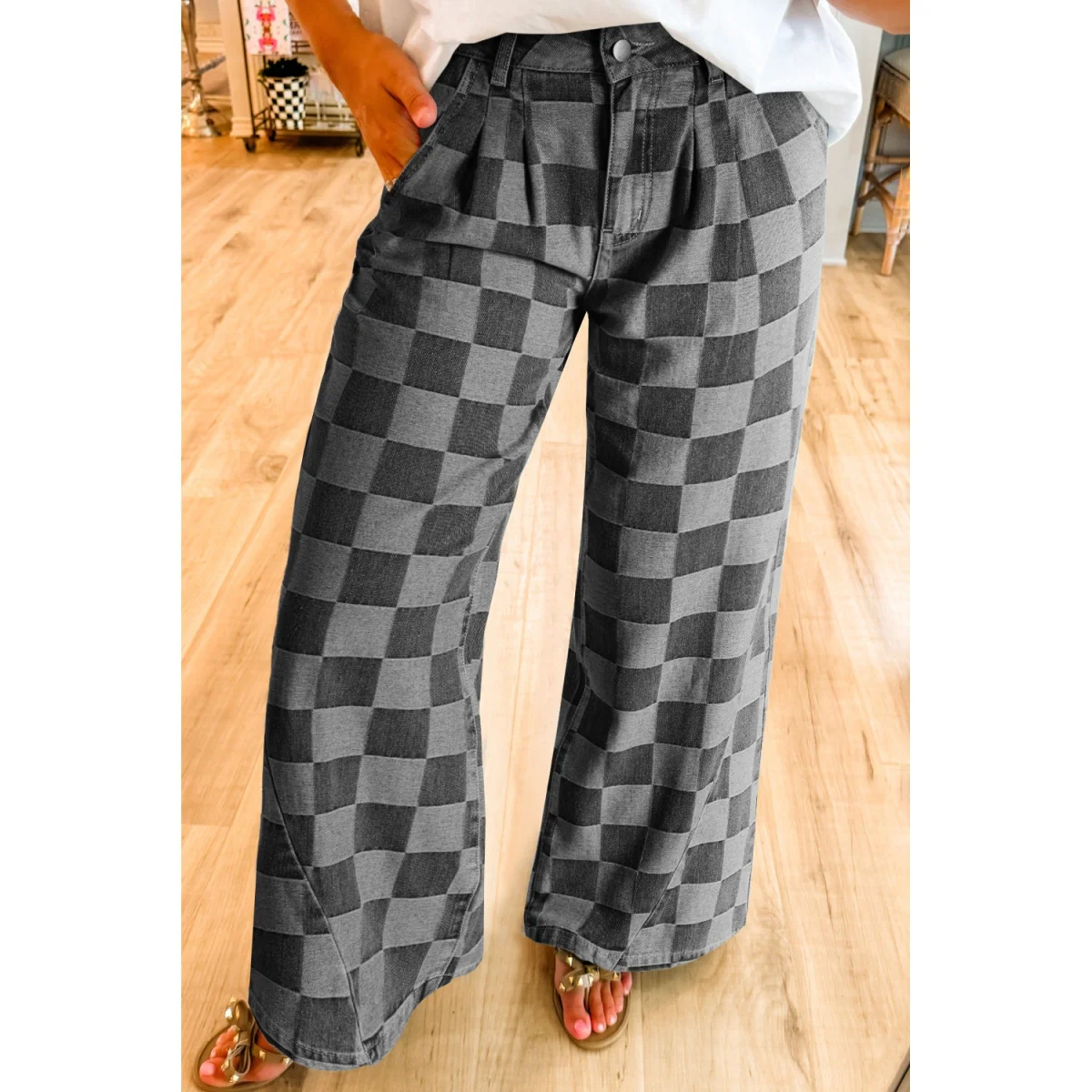 Dark Grey Checkered Denim Wide Leg Jeans - Image 1 | Lily's Pad Studio