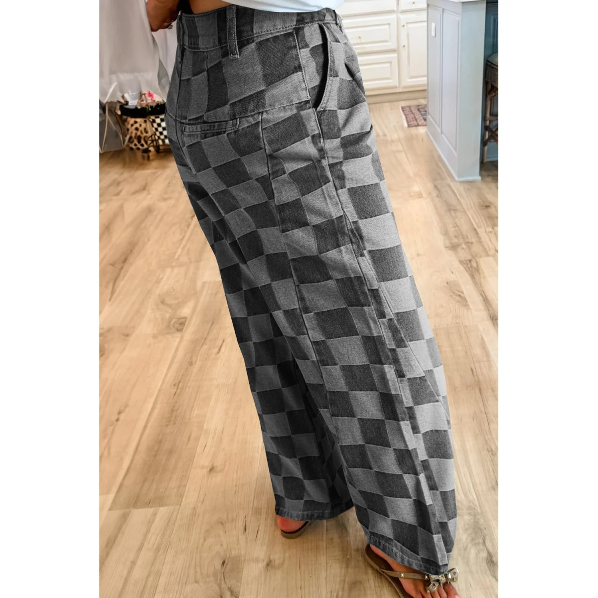 Dark Grey Checkered Denim Wide Leg Jeans - Image 2 | Lily's Pad Studio
