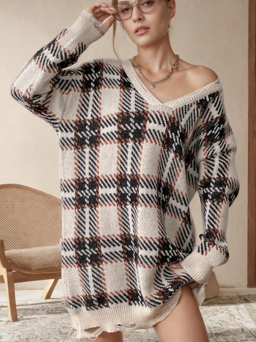 Distressed Plaid V-Neck Long Sleeve Sweater Dress - Dresses | Lily's Pad Studio
