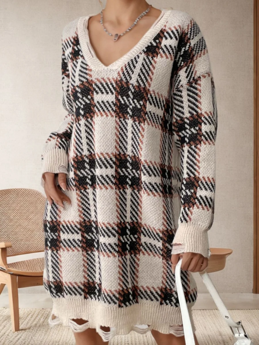 Distressed Plaid V-Neck Long Sleeve Sweater Dress - Image 2 | Lily's Pad Studio