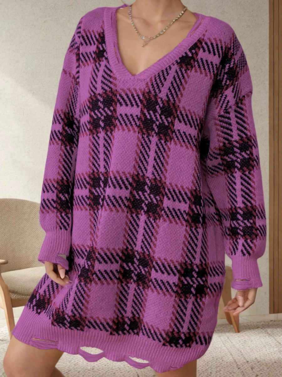 Distressed Plaid V-Neck Long Sleeve Sweater Dress - Image 4 | Lily's Pad Studio