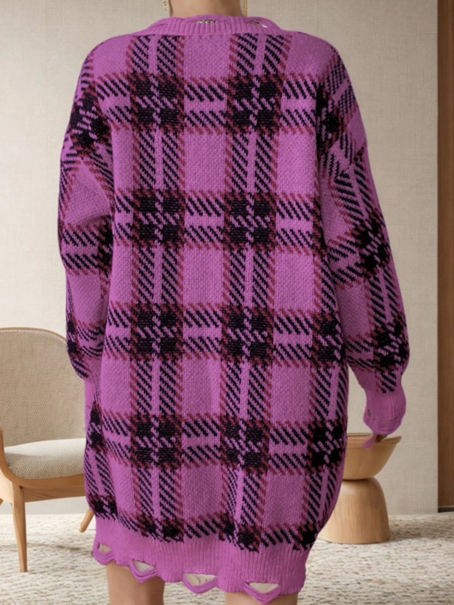 Distressed Plaid V-Neck Long Sleeve Sweater Dress - Image 5 | Lily's Pad Studio