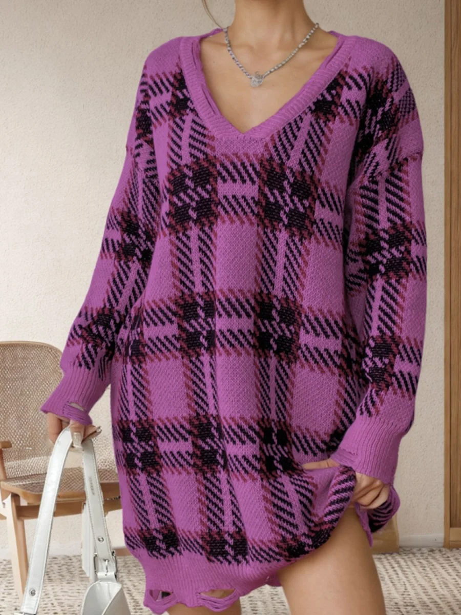 Distressed Plaid V-Neck Long Sleeve Sweater Dress - Image 6 | Lily's Pad Studio