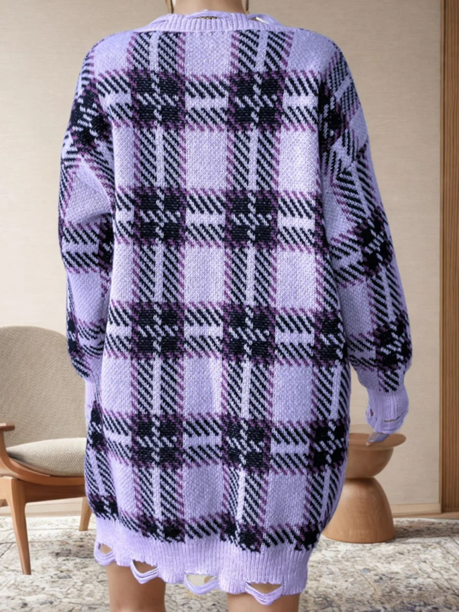 Distressed Plaid V-Neck Long Sleeve Sweater Dress - Image 11 | Lily's Pad Studio