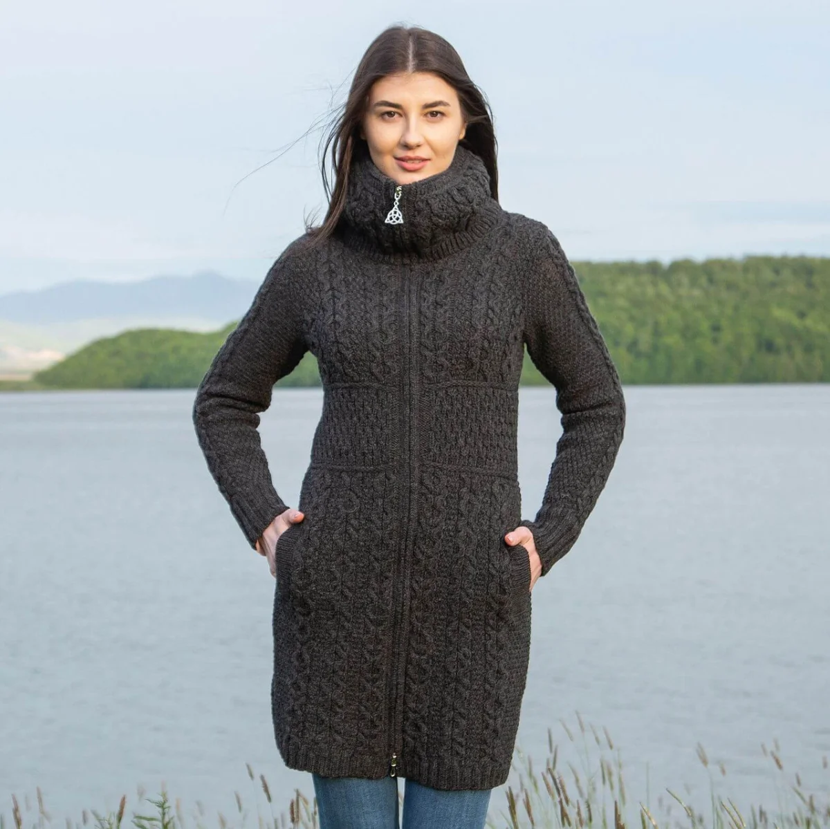 Double Collar Zip Cardigan – 100% Merino Wool Irish Knit Sweater - Clothing | Lily's Pad Studio