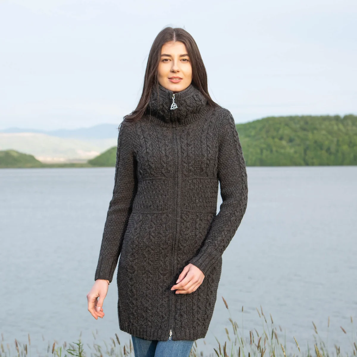 Double Collar Zip Cardigan – 100% Merino Wool Irish Knit Sweater - Image 2 | Lily's Pad Studio