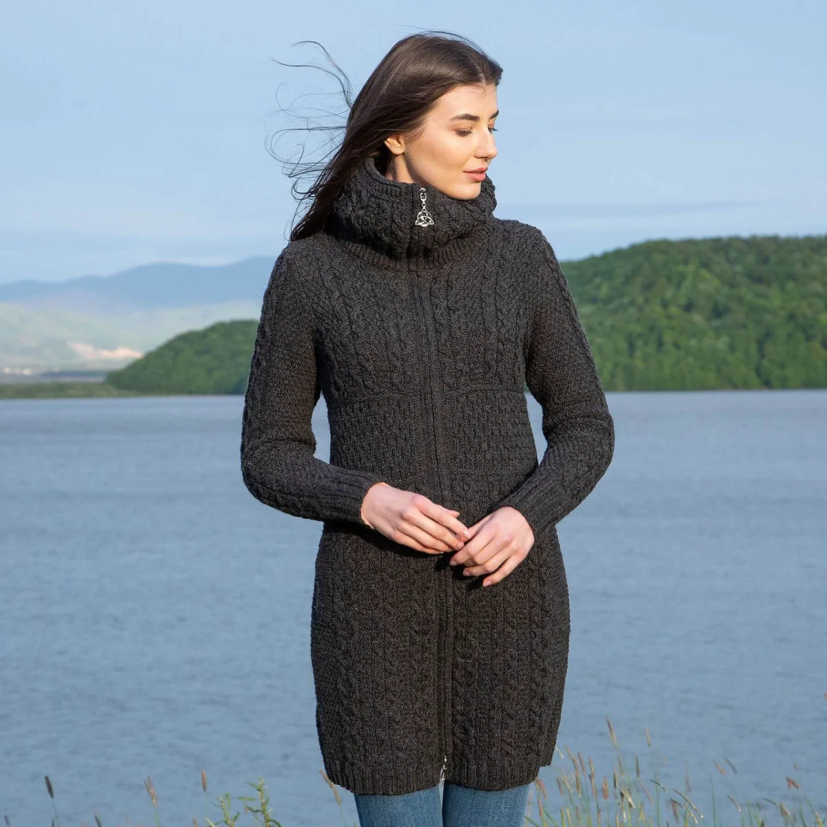 Double Collar Zip Cardigan – 100% Merino Wool Irish Knit Sweater - Image 3 | Lily's Pad Studio
