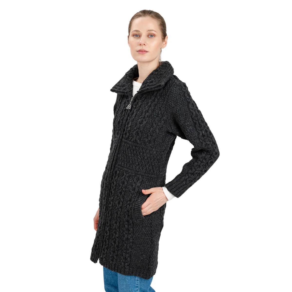 Double Collar Zip Cardigan – 100% Merino Wool Irish Knit Sweater - Image 7 | Lily's Pad Studio