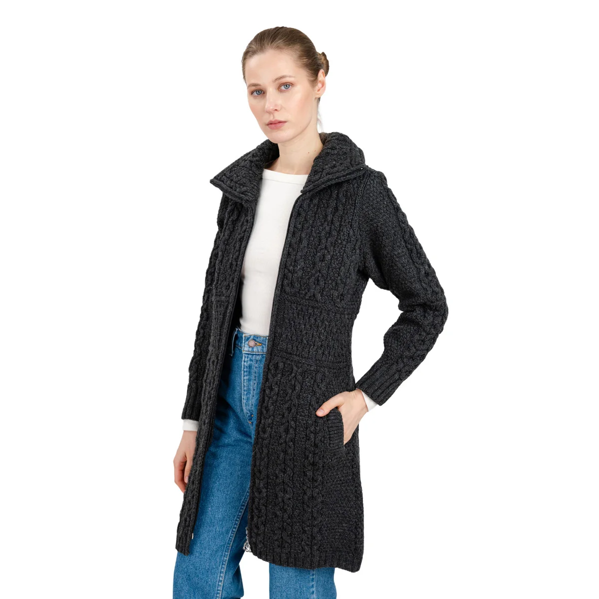 Double Collar Zip Cardigan – 100% Merino Wool Irish Knit Sweater - Image 9 | Lily's Pad Studio