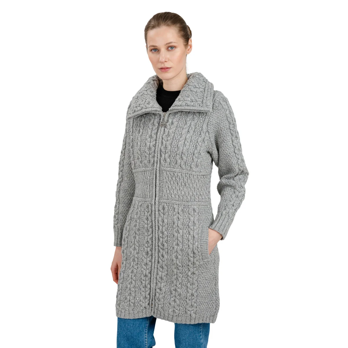 Double Collar Zip Cardigan – 100% Merino Wool Irish Knit Sweater - Image 15 | Lily's Pad Studio