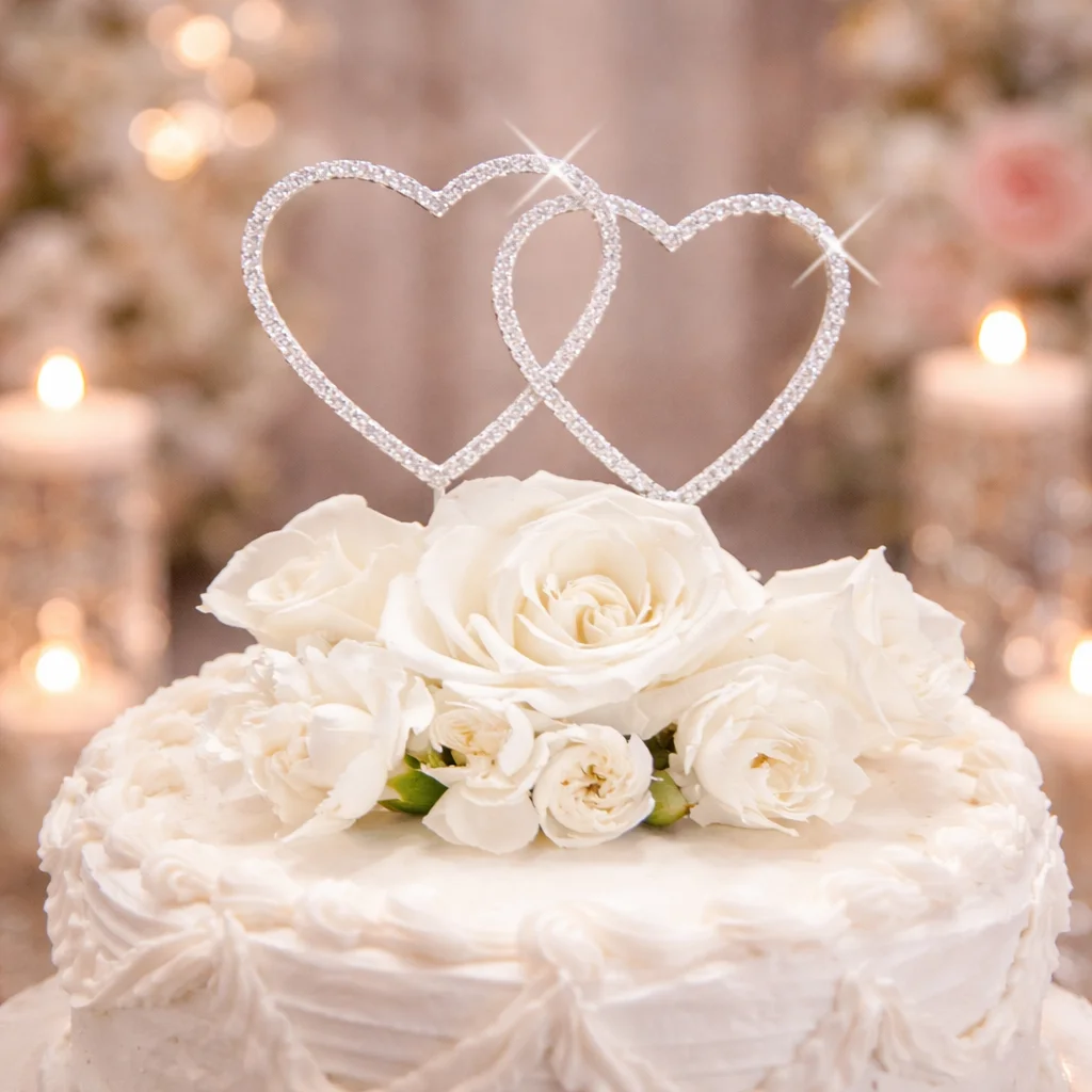 Double Heart Wedding & Anniversary Cake Topper – Sparkle Crystal Heart Decor - Wedding | Lily's Pad Studio