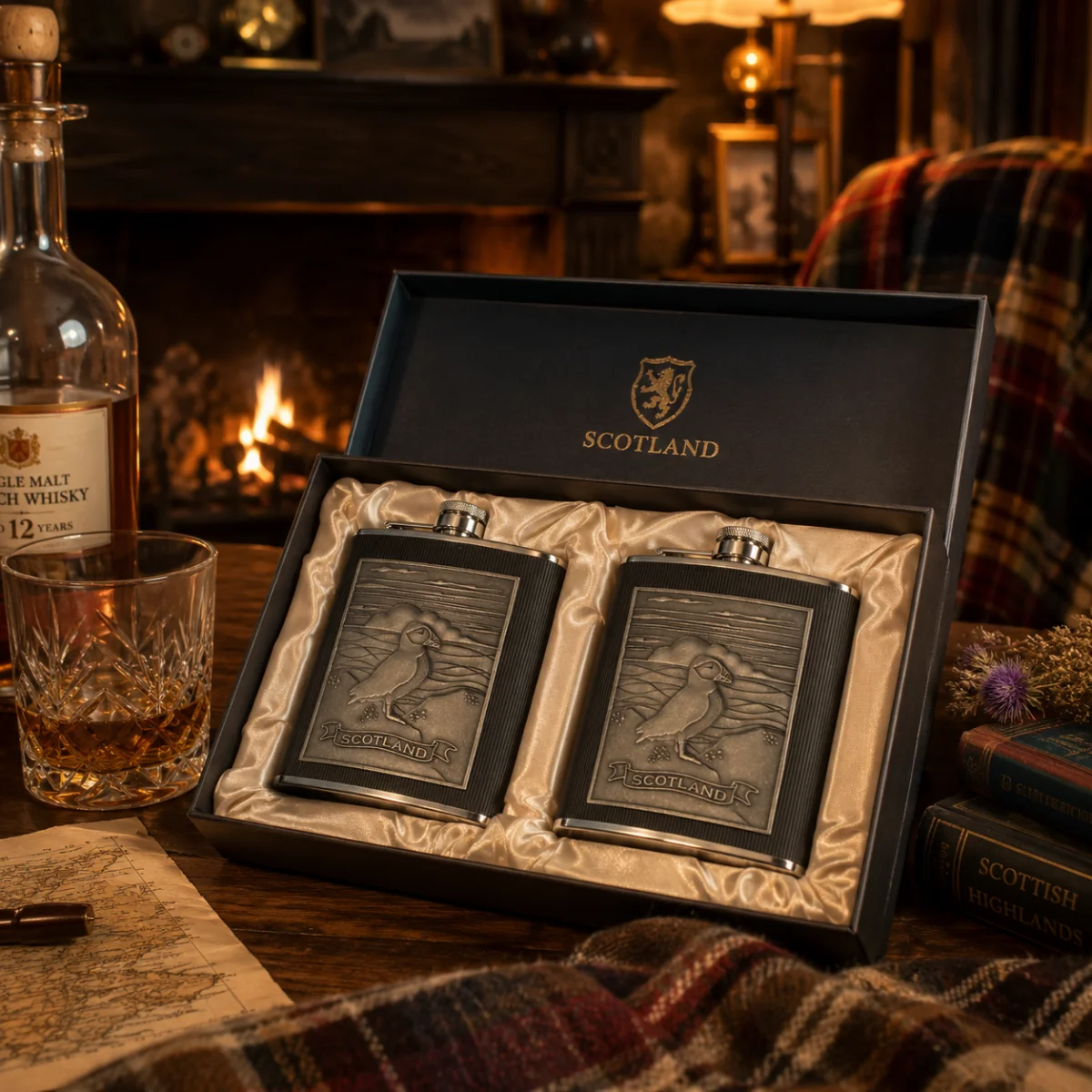 Embossed Puffin 8oz Hip Flask Gift Set | Lily's Pad Studio