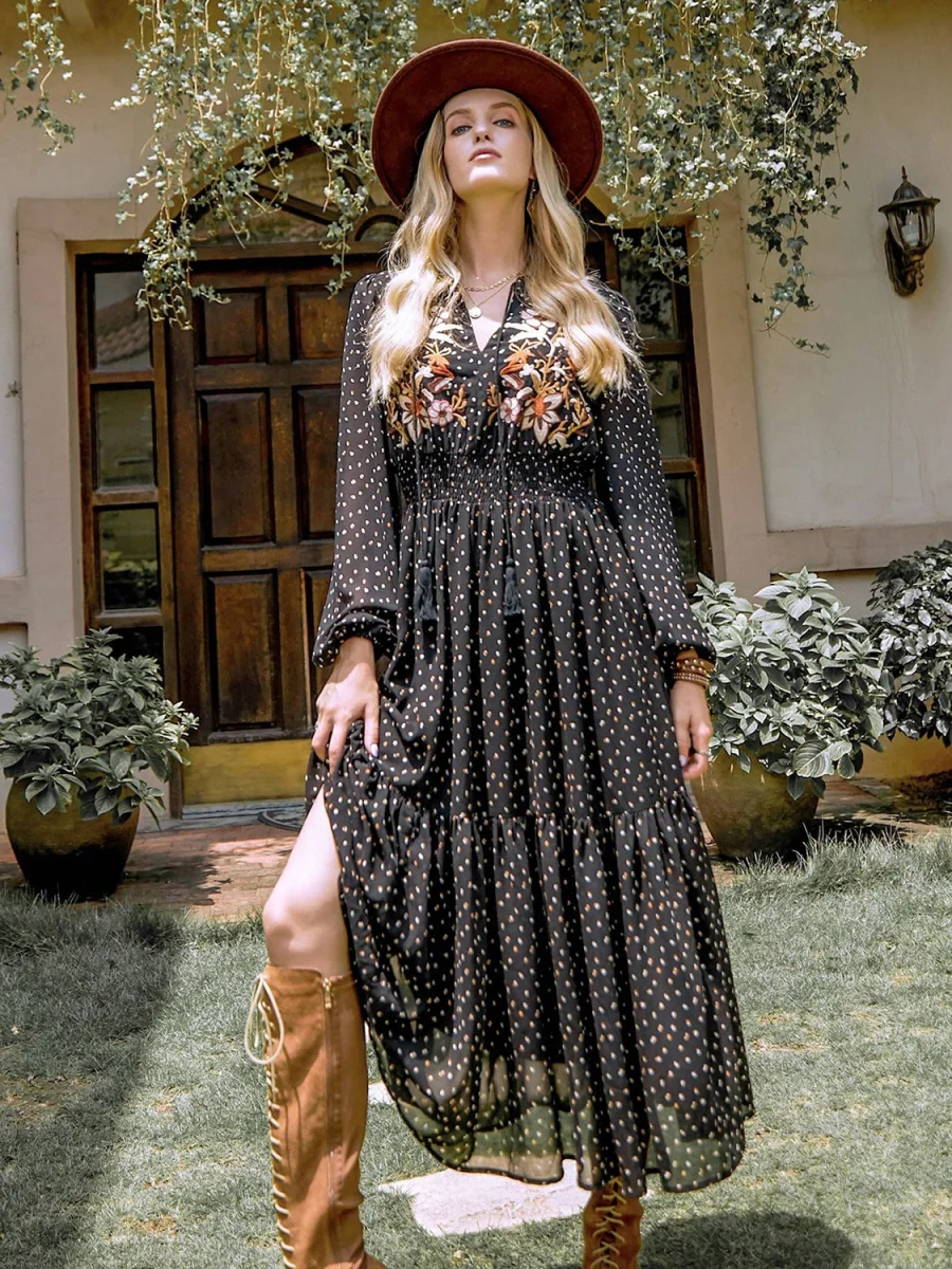 Embroidered Polka Dot Tie Neck Long Sleeve Midi Dress - Dresses | Lily's Pad Studio